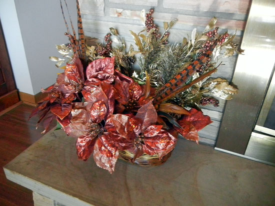 basket arrangement using pheasant feathers